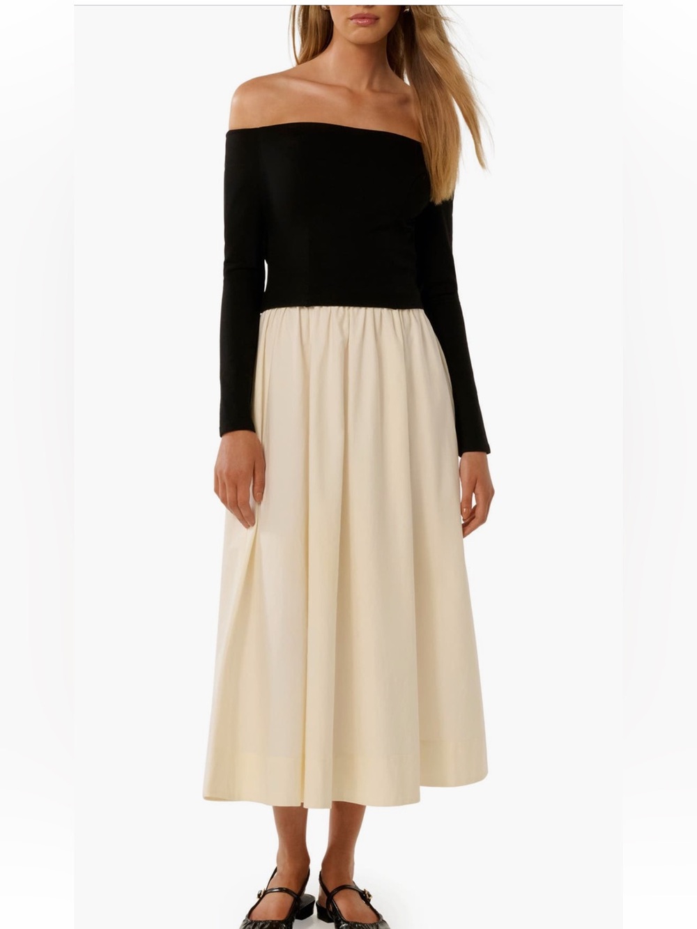 Ever New Savannah Black and Cream off the shoulder Midi Dress